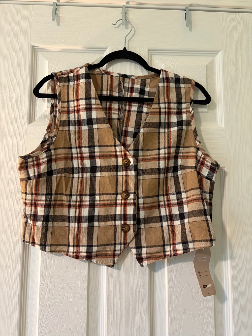 Plaid Cropped Button-Front Vest Top in Tan